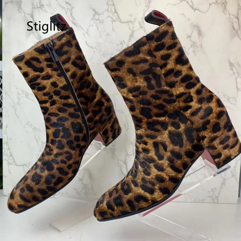 Leopard-Print Horsehair Men\'s Boots Pointed Toe Zipper High Top Ankle Boots Casual Runway Party Catwalk Shoes Autumn Winter New