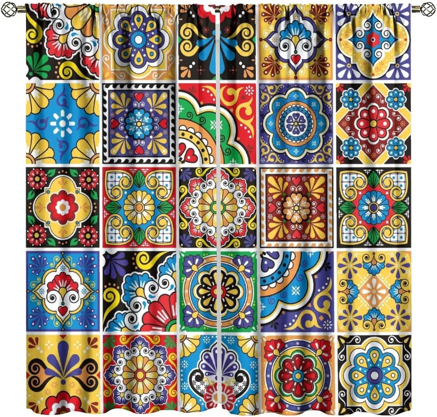 Mexican Curtains Retro Mexican Tiles Colorful Flowers Talavera Style Pattern Blackout Print Rod Pocket Window Drapes for Bedroom