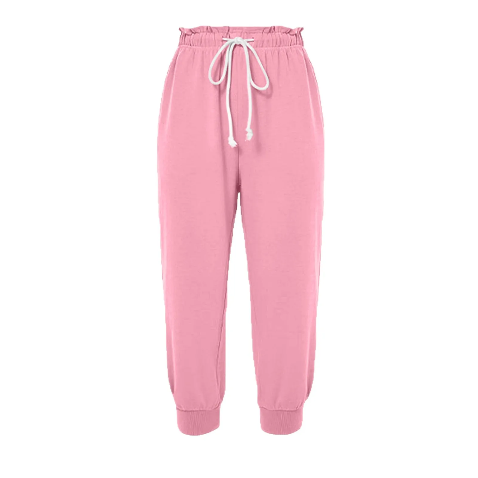 

Women High Waist Pants Drawstring Loose Fit Cropped Wide Leg Sweatpants Pink Ruffle Waistband Joggers Black Cuffed Solid Color