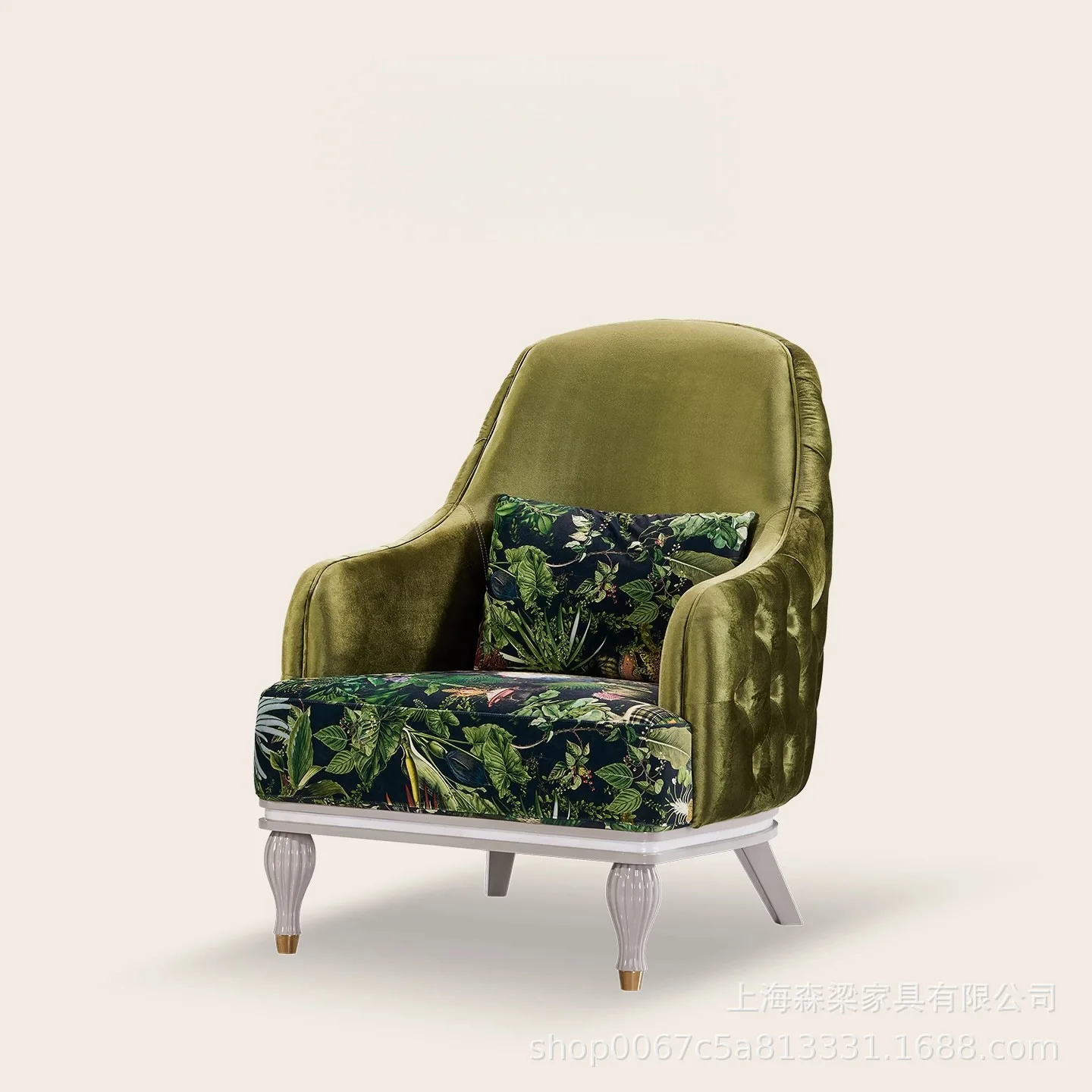 French light luxury original design peacock green velvet single sofa, vintage tropical plant print living room lounge chair