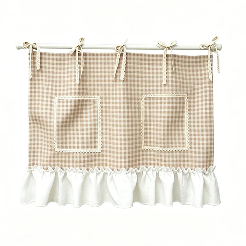 Gingham Plaid Oven Cover Curtain with Ties Ruffled Trim Coffee Machine Half Curtain Decorative with Storage Pockets