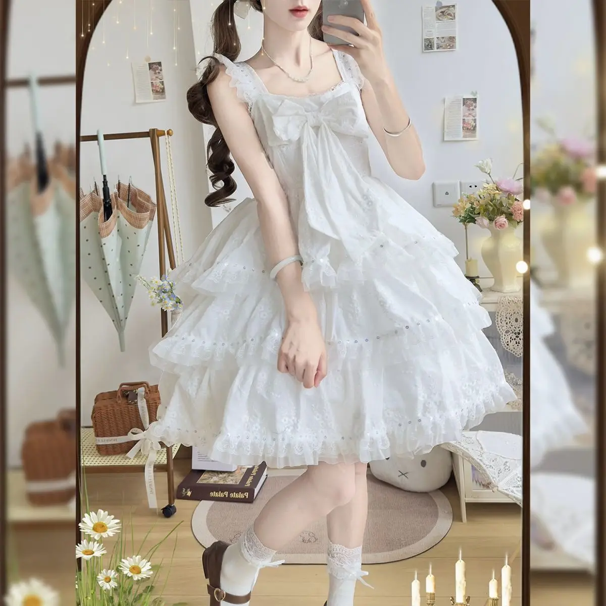 SOIOMES Lolita dress, a magnificent wedding dress with floral patterns, Jsk bandeau dress, white Lolita dress