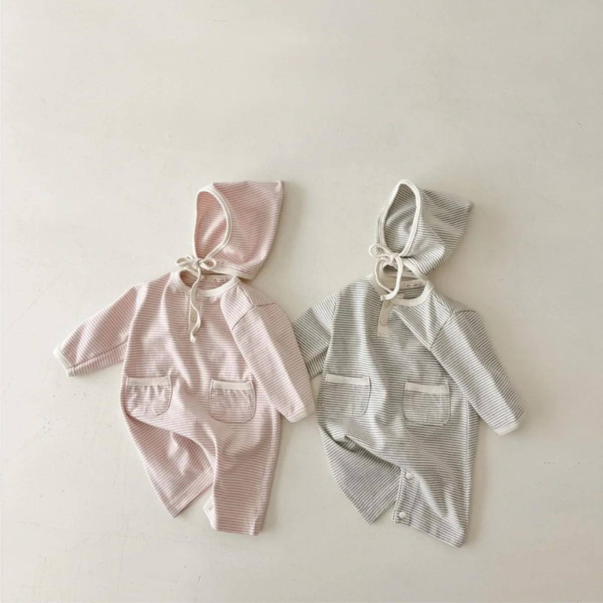 Newborn Clothes Autumn Type A Baby Soft Waxy Pinstripe Two-button Pocket Onesie Baby Long Fart Coat
