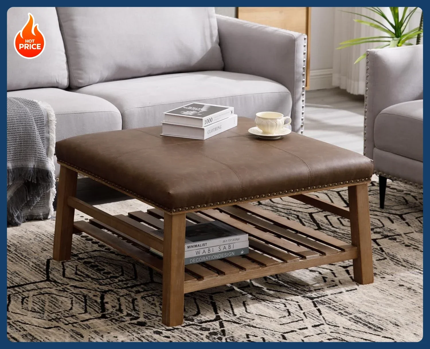 

[Скидка на цена! ]32-дюймовый темно-коричневый журнальный столик из искусственной кожи, большой квадратный османский табурет с подставкой для ног, мягкий журнальный столик wi