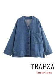 TRAFZA Casual Chic Denim Women Jackets Solid V-Neck Long Sleeve Oversized Loose Coat New Fashion 2024 Autumn Streetwear Jacket