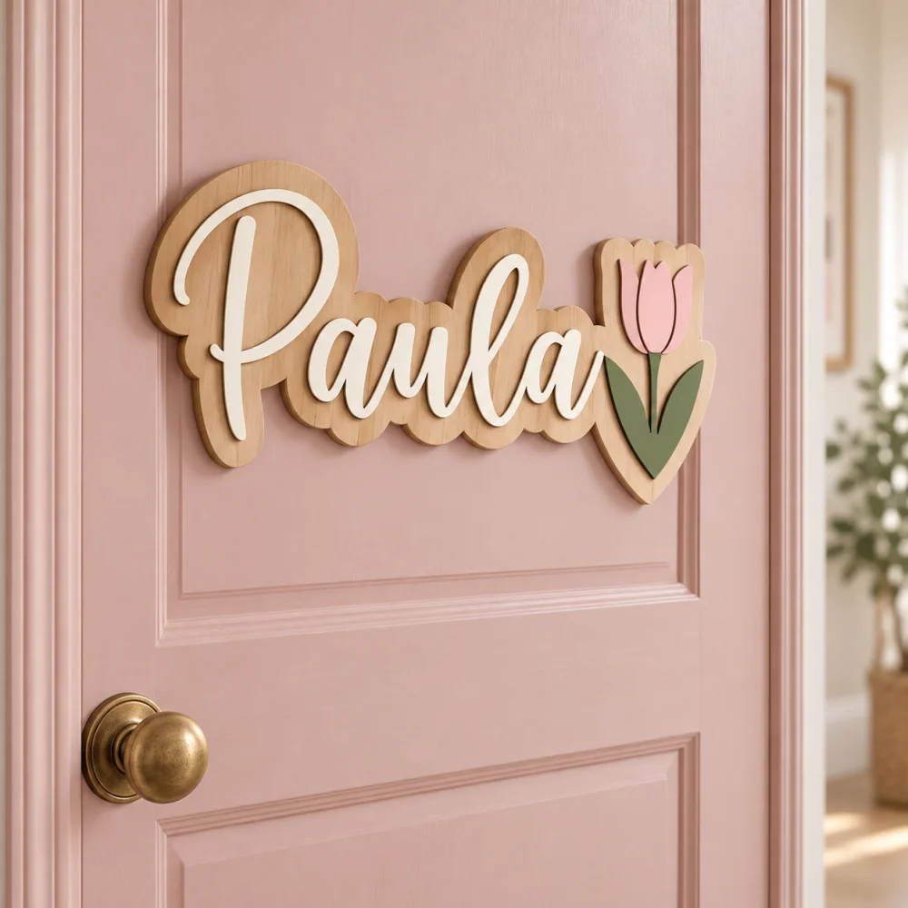 1Pc Custom Name/Text Double-Layer Wooden Door Plaque, Tulip Design Room Door Sign Wall Hanging, Creative Wall Art Ornament
