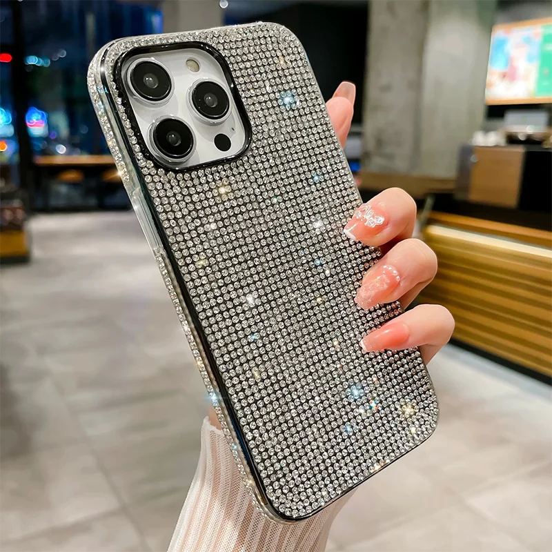 

Luxury Silver Full Rhinestone Bling Phone Case for iPhone 11 12 13 14 15 16 17 Pro Max Shiny Women Diamond Protective Back Cover