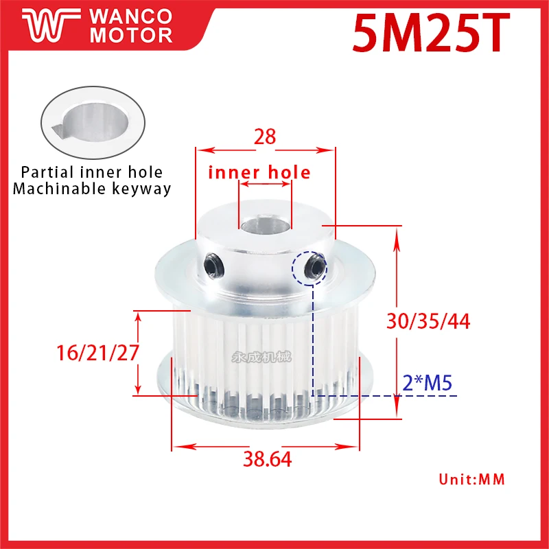

Синхронный шкив 5M25 зубьев, ширина канавки 16/21/27, шкив типа BF, внешний диаметр зубьев 38,64, внутреннее отверстие 6-20.