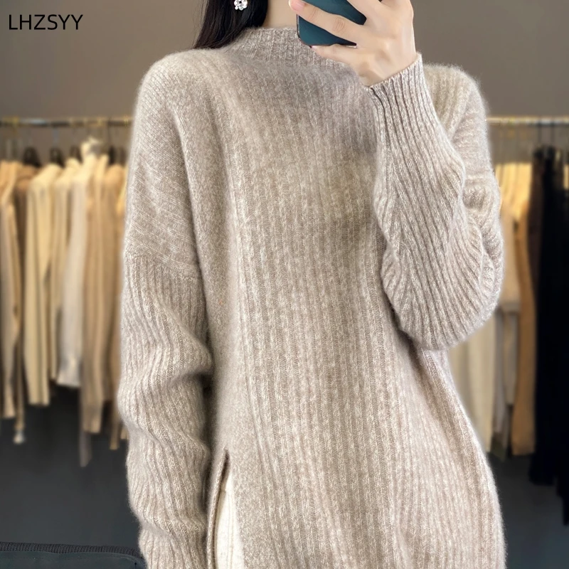 

LHZSYY Ladies' 100% Merino Wool Pullover Loose Split Large size Sweater Fall/Winter Fashion Warm Bottoming Shirt New Knit Tops