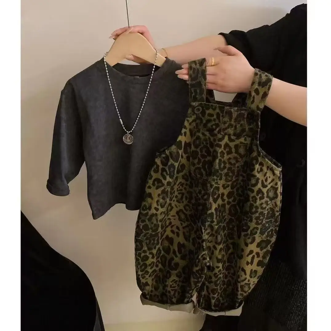 Kids Jumpsuit Pants1-7Y Boy Girl Children's Autumn Grey Bottom Shirt Strap Pants New Fashion Leopard Pattern Strap Pants