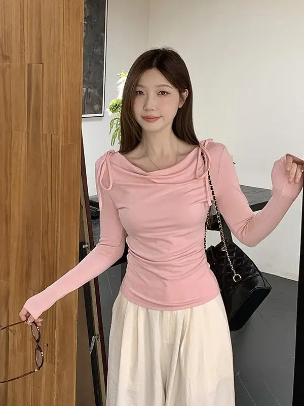 Maglietta Coreana a Maniche Lunghe da Donna, Autunno Inverno, Aderente, Vita Alta, con Nodo, Top Elegante per il Lavoro, Stile Creativo...