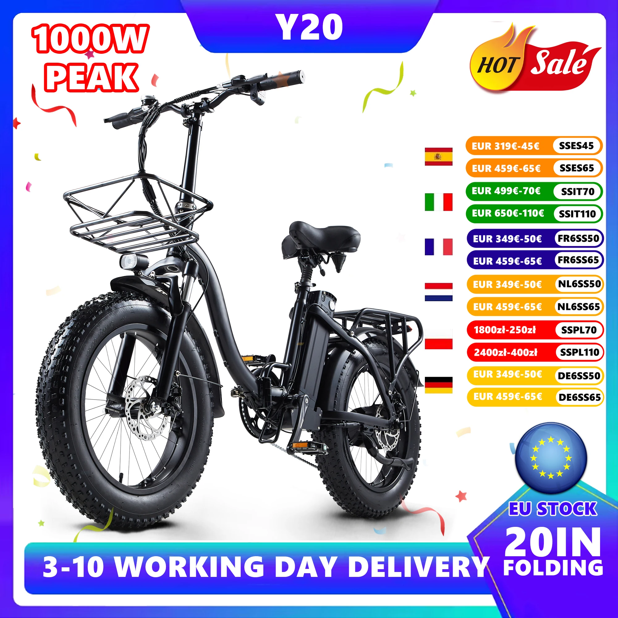 Vélo électrique pliable CMACEWHEEL Y20, pneus larges 20 pouces * 4.0, 48V 18AH PEAK 750W, vélo électrique de montagne, vélo électrique urbain pour adultes