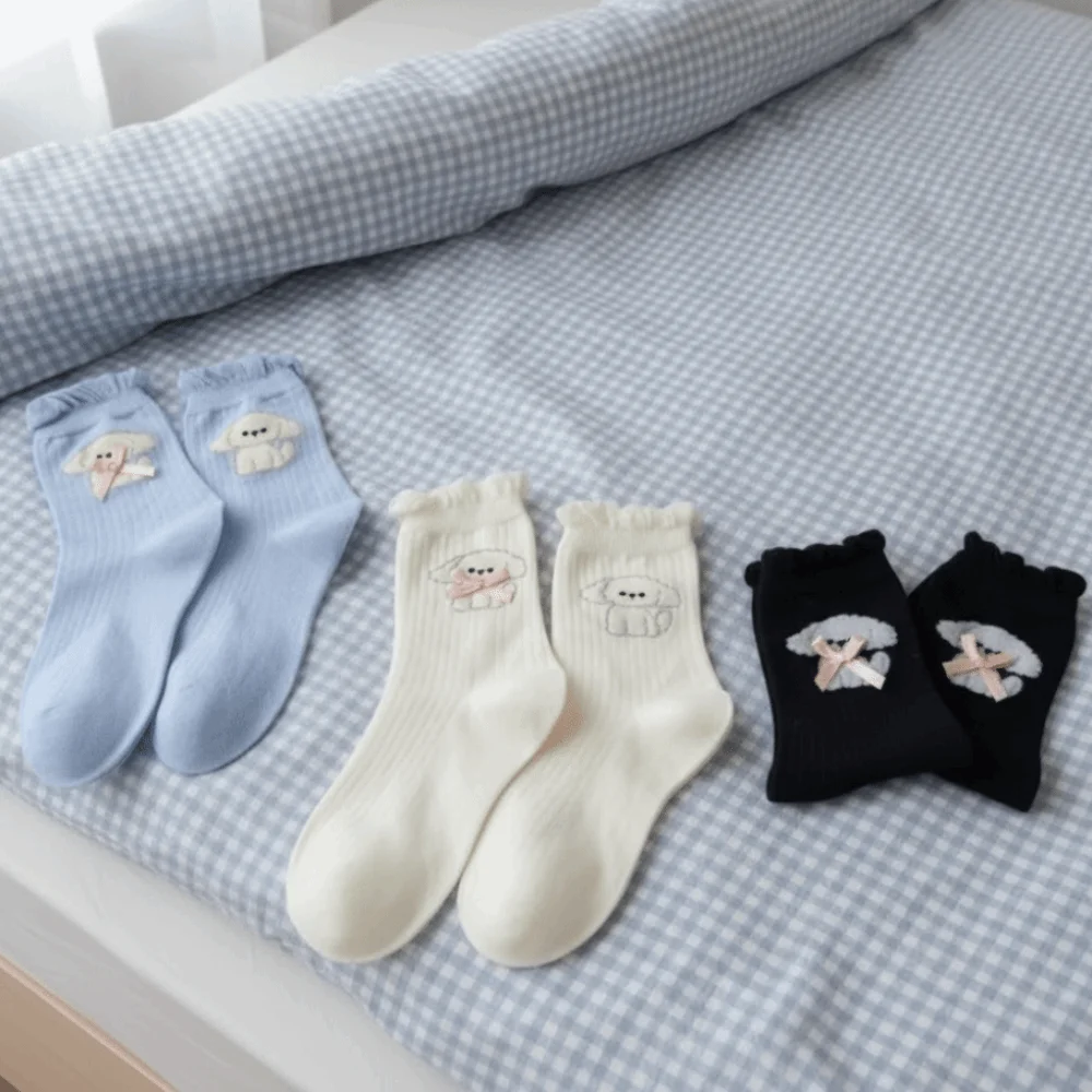 

4 пары женских носков с рюшами и бантом, корейский стиль, носки с рисунком собаки, противоскользящие мягкие повседневные носки-трубы в балетном стиле, уличная одежда