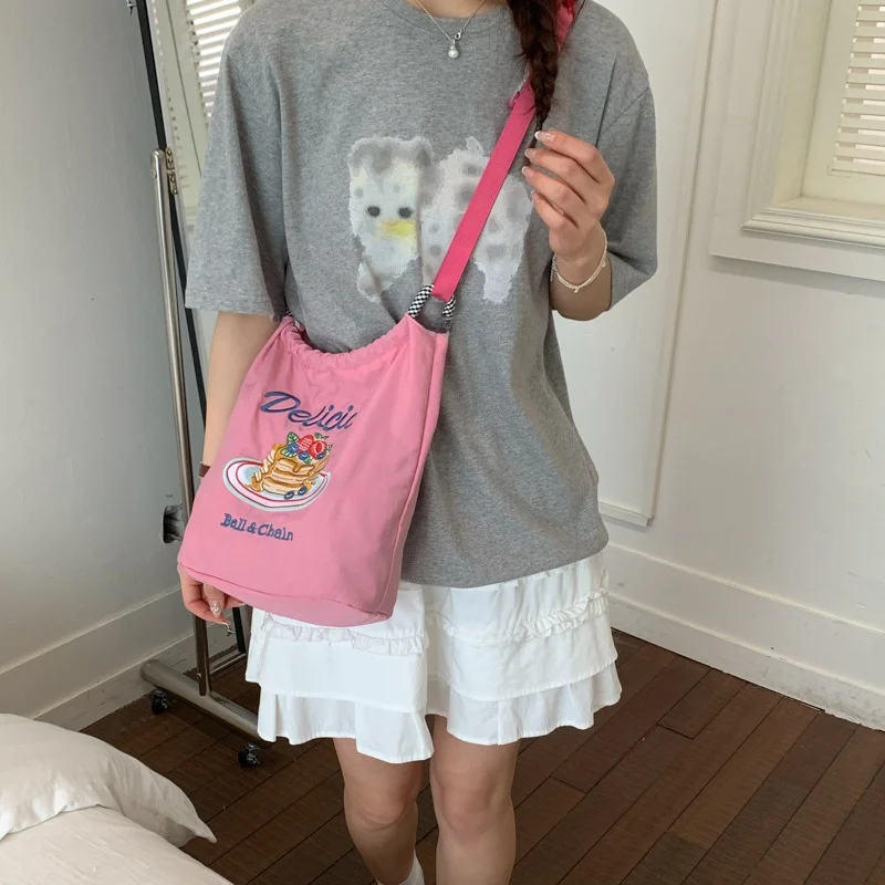 Casual Large Capacity Embroidered Bucket Bag Nylon Single Shoulder Handbag Ultra Light Versatile Crossbody Bag Urban Minimali...