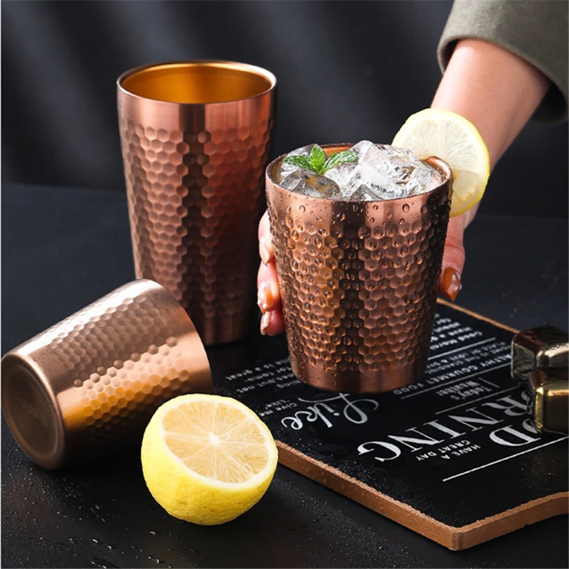 Double Wall Stainless Steel Large Beer Tea Mug Hammer Texture Cold Water Drinks Coffee Cup Cocktail Cups Kitchen Home Drinkware