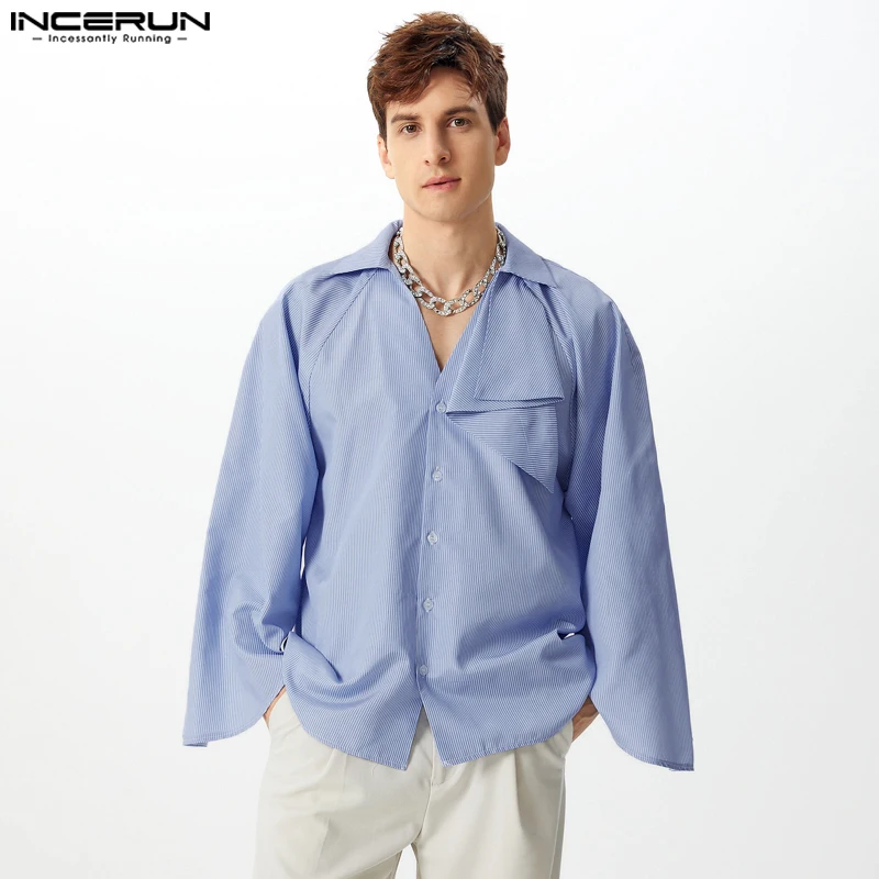 Men Casual Stripe Stitching Tops INCERUN Flared Long Sleeve V-neck Cloth SplicIing Sense Of Design Shirts Elegant Vintage Blouse