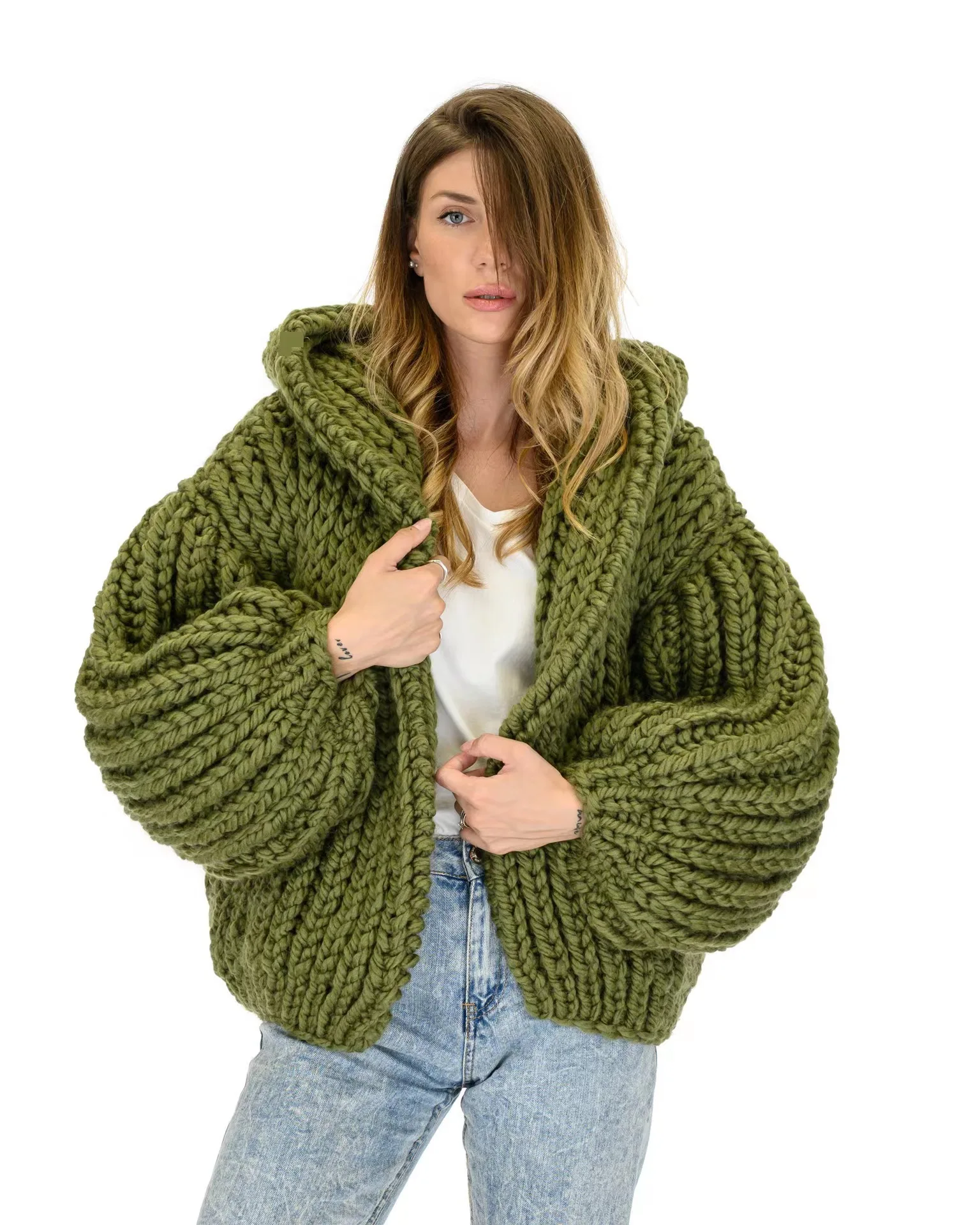 Women\'s Oversized Hoodie Chunky Knit Cardigan handmade Sweaters Long Sleeve Open Front Crochet Outwear