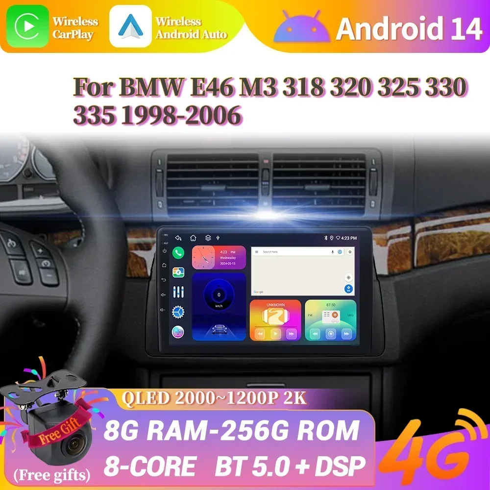 Car Radio Android 14 Wireless Carplay Multimedia Player 4 GPS Navigation Autoradio For BMW E46 M3 318 320 325 330 335 1998-2006