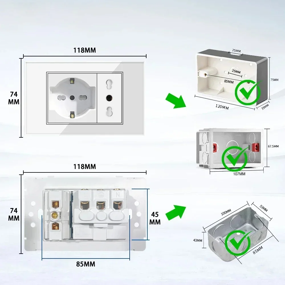 الأبيض الزجاج المقسى إيطاليا USB TypeC شحن سريع مقبس الحائط Schuko Tuya Wifi مفتاح ذكي Sat TV Tel Doorbell تشيلي