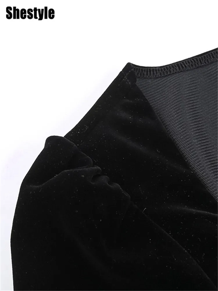 Shestyle Women 2025 Spring Black Dress Women Ball Gown Velvet A-Line Square Neck Vintage Choker Slim School Outfits Preppy Sweet