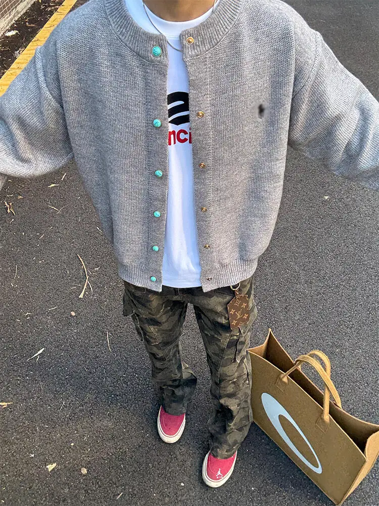 

Тяжелый бирюзовый вязаный повседневный свитер, мужской осенний высококачественный свитер в американском стиле Cleanfit, свободный крой, длинный свеч на пуговицах