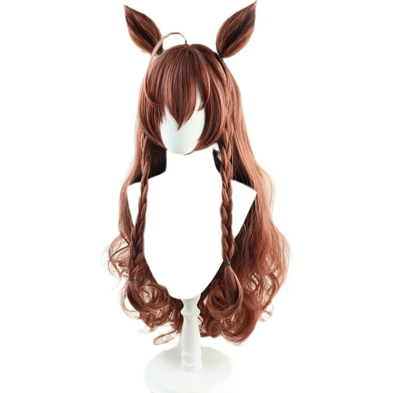 Derby Mejiro Bright Cosplay Perruque pour Femme, Oreilles, Queue, Marron, Cheveux Longs Bouclés, Bol, New Idol Py Play