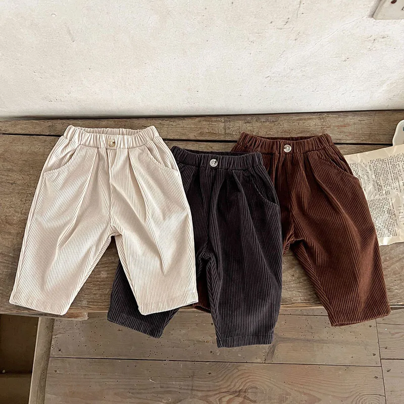 2024 New Spring Korean Style Infant Baby Girls Boys Pants Solid Color Corduroy Toddler Baby Girl Boys Trousers Children Clothes