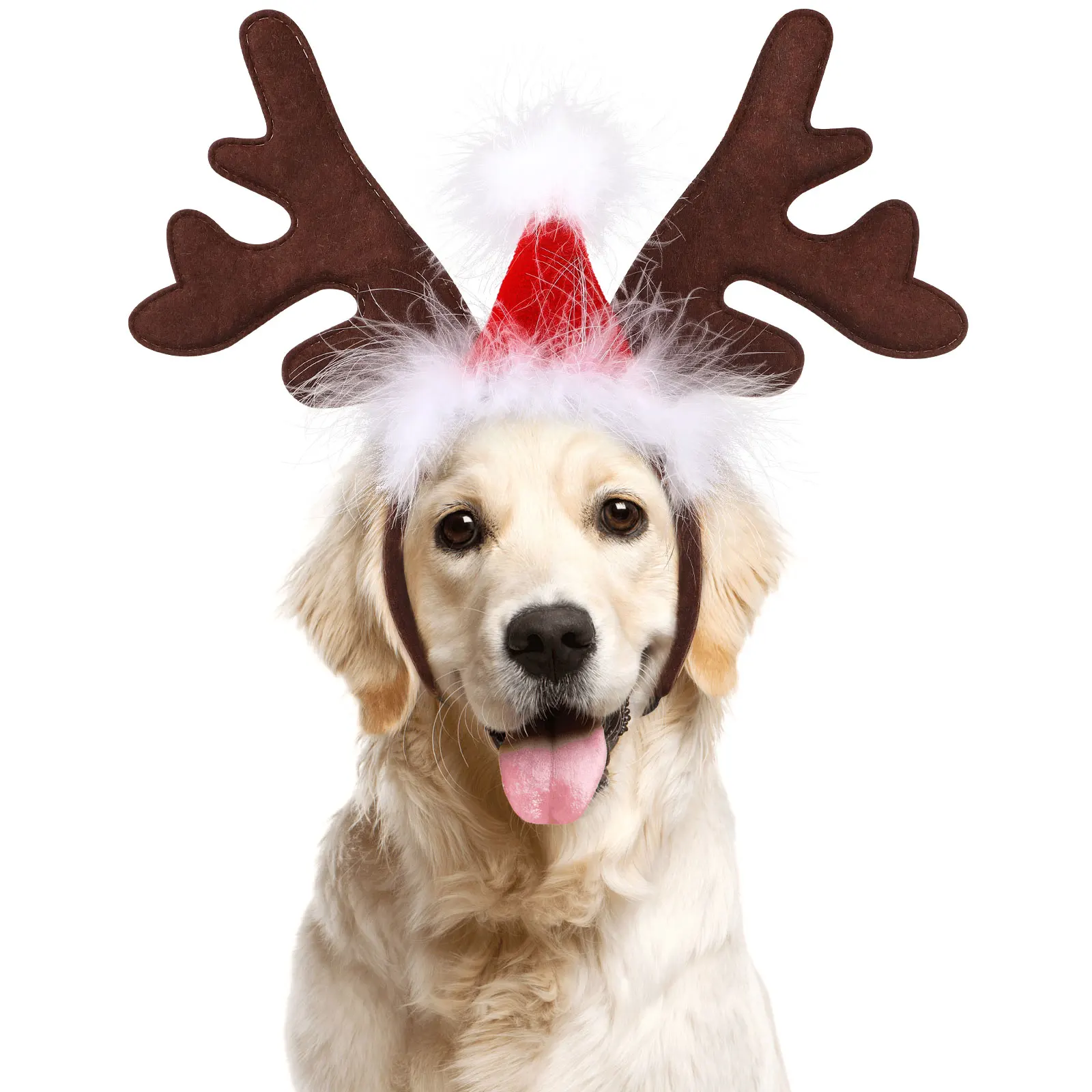 

Cute Pet Christmas Headwear with Antlers and Santa Hat Soft Elastic Band Fits Most Dogs Holiday Costume Accessory for Photos