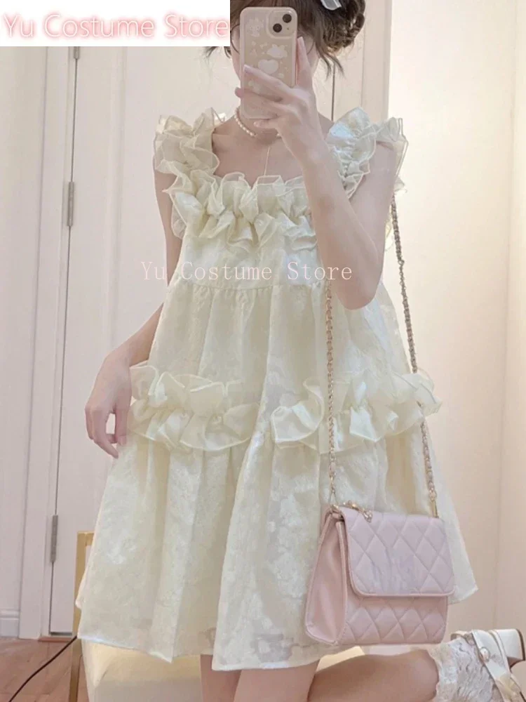 

Japanese Lolita Kawaii Mini Dress Women Korea Sweet Suspender Party Mini Dress Female France Elegant FairyDressSummer Yu Costume
