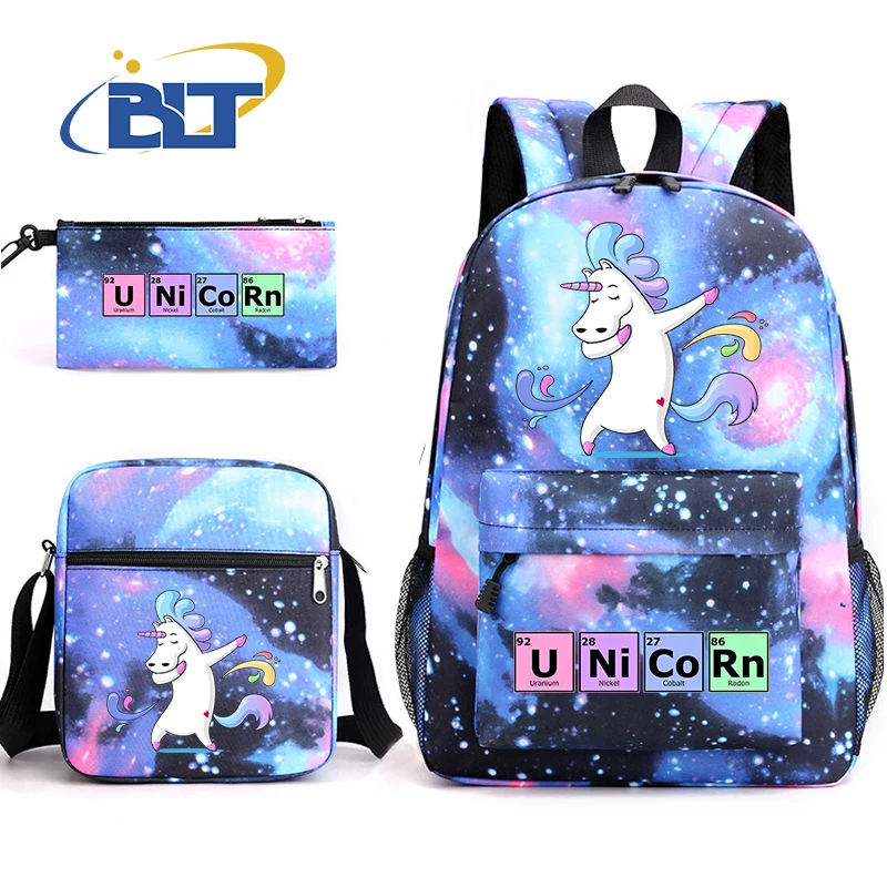 Conjunto de mochila escolar juvenil con estampado de unicornio para niños, bolso de hombro, estuche para lápices, Juego de 3 piezas