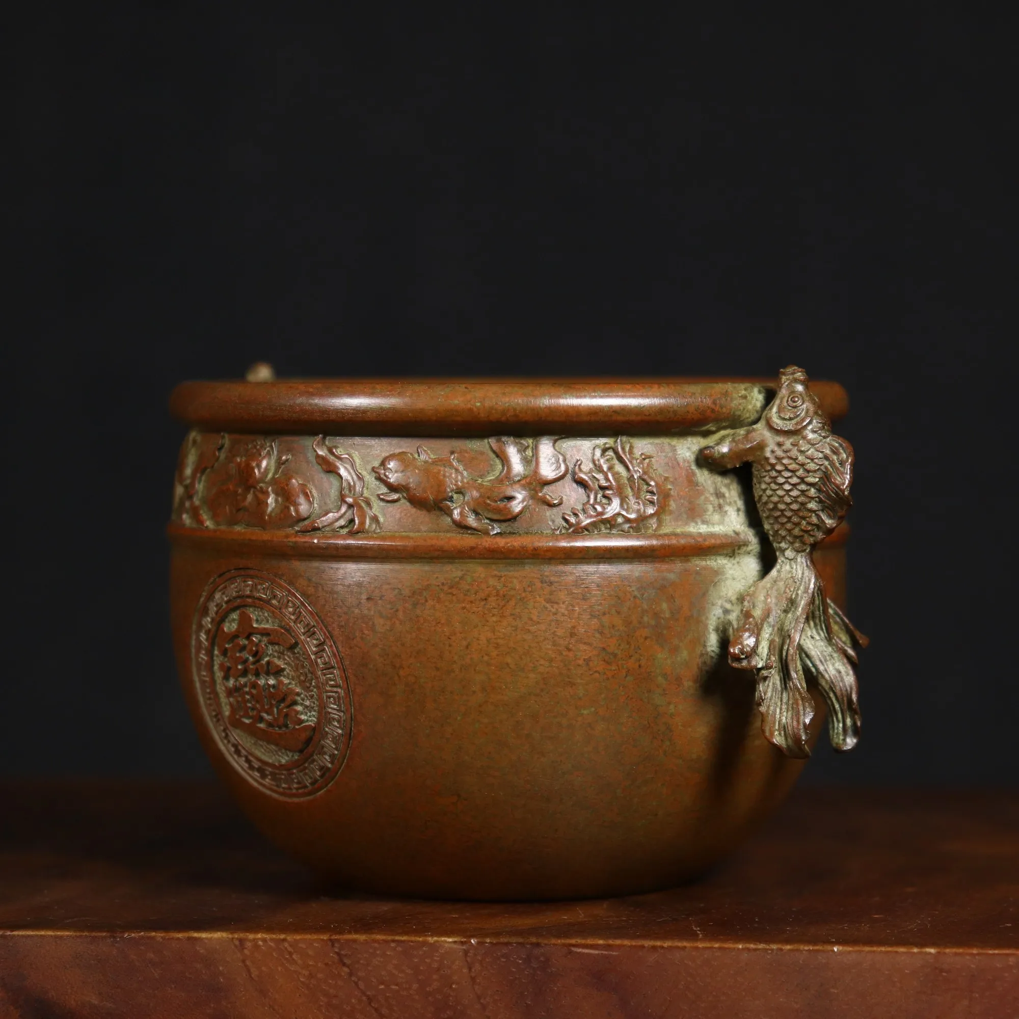 Antique Copper Jar Double Fish Ears Attracting wealth Jar Home Office Desktop Incense Burner Treasure Basin Ornament Craft