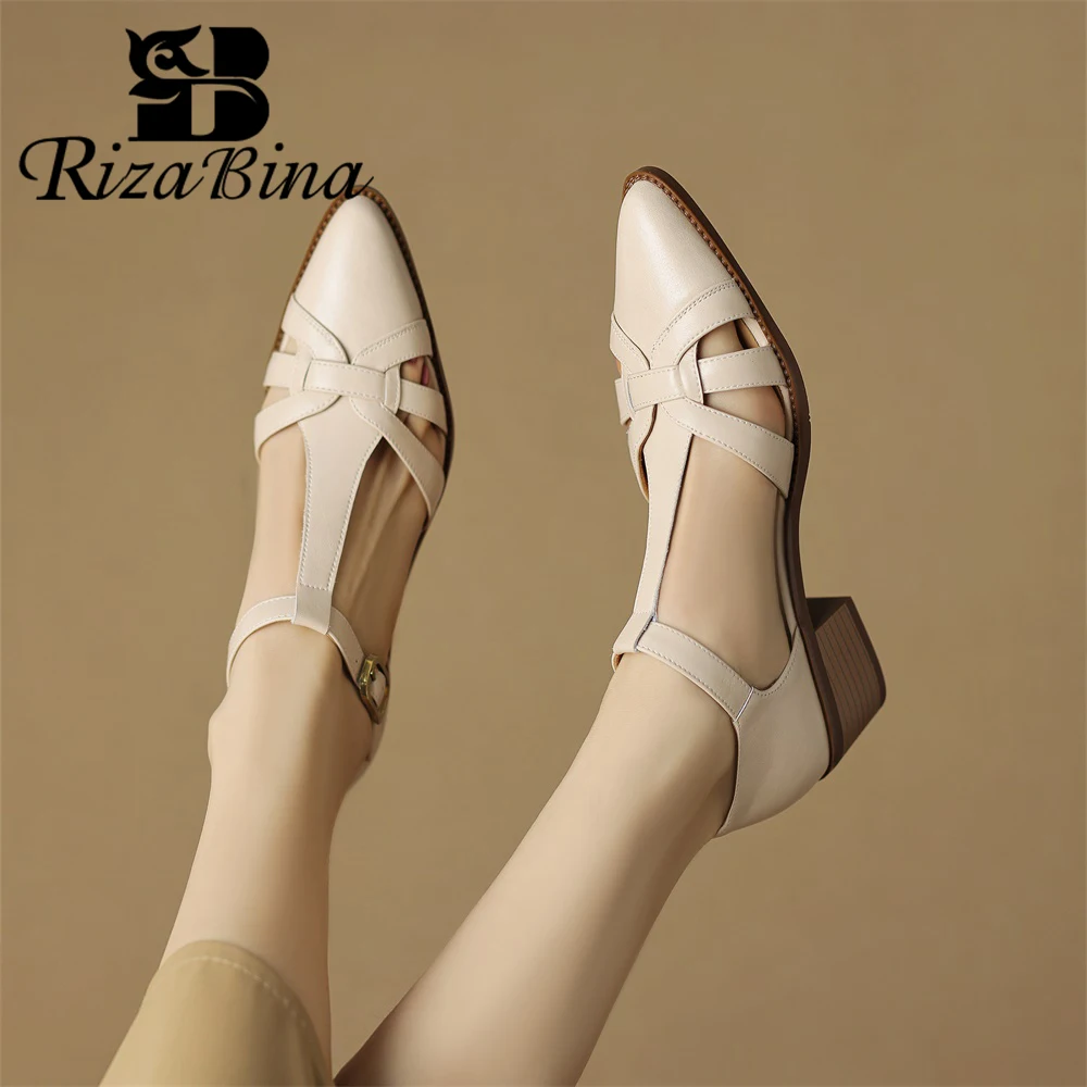 

RIZABINA New Women's Sandals Genuine Leather Roman Hollow Square Heel Sandals Ladies Cover Toe Buckle Strap Summer Casual Shoes