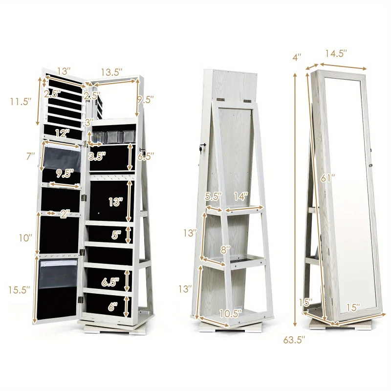 360 ° Rotatable Jewelry Cabinet Wardrobe 2-in-1 Lockable Mirror White