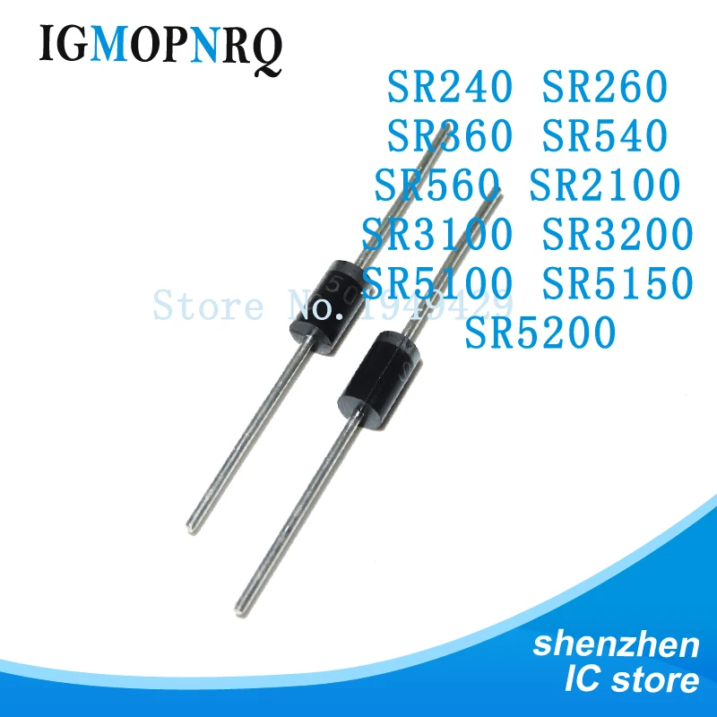 20PCS Schottky Rectifier Diode SR240 SR260 SR360 SR540 SR560 SR2100 SR3100 SR3200 SR5100 SR5150 SR5200 Make DO-41 DO-27