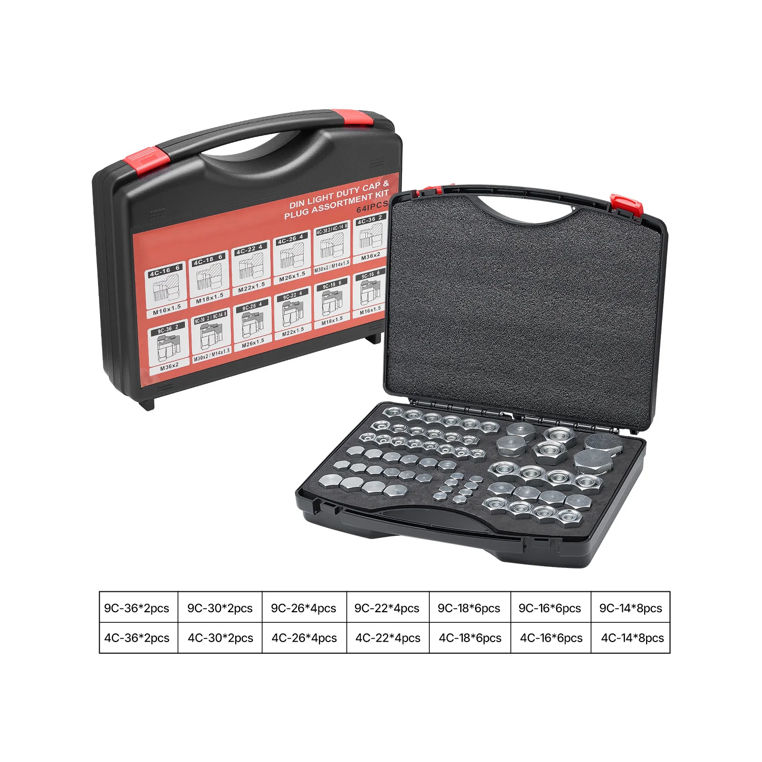 SucceBuy 64PCS DIN Hydraulic Fittings Master Industrial Hydraulic Cap and Plug Hose Tube and Pipe Fitting Kit Dash Sizes14/16/18