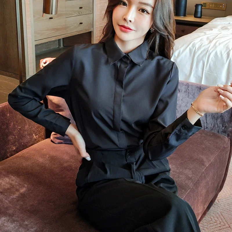 

Рубашки женские офисные однотонные тонкие Camisas Mujer элегантные осенние корейский стиль модные молодые с длинным рукавом уютные популярные базовые повседневные шикарные
