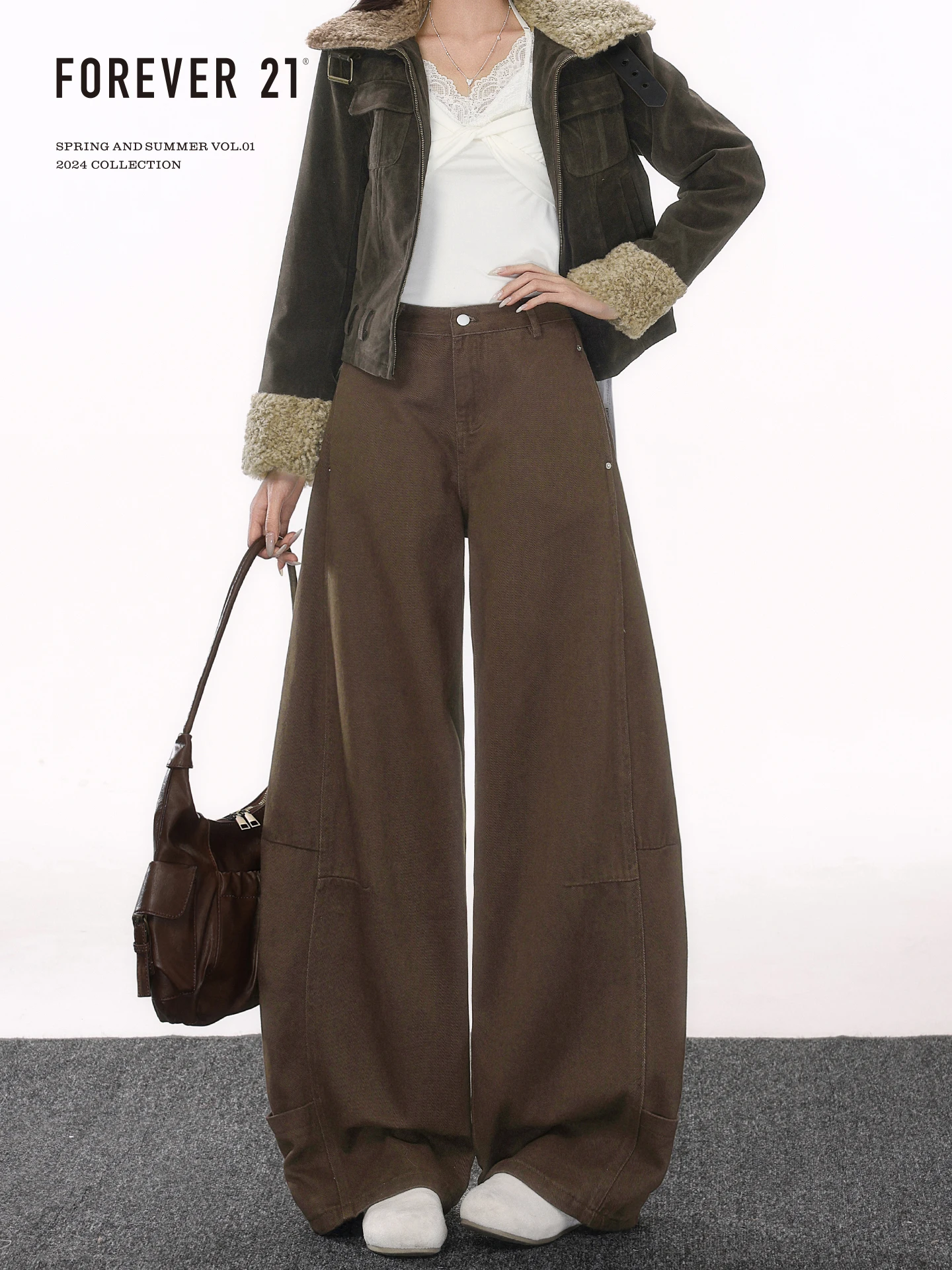 High Waist Wide Leg Knife  Denim Jeans Women's Coffee Color Retro Loose Straight Cut Pants Forever 21 American Style
