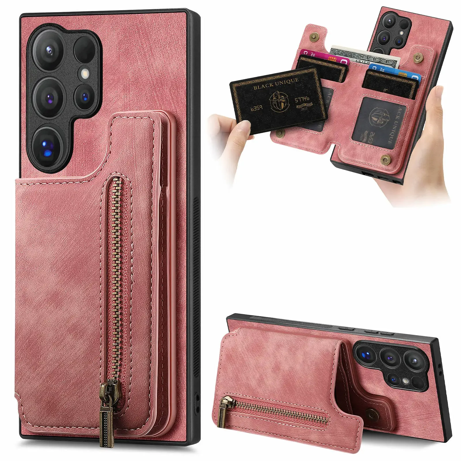 PU Zipper Wallet with Card Holder Phone Case for Samsung Galaxy S23 FE S24 S22 Ultra Plus M15 A15 A25 A35 A55 A05 A05S A14 Cover