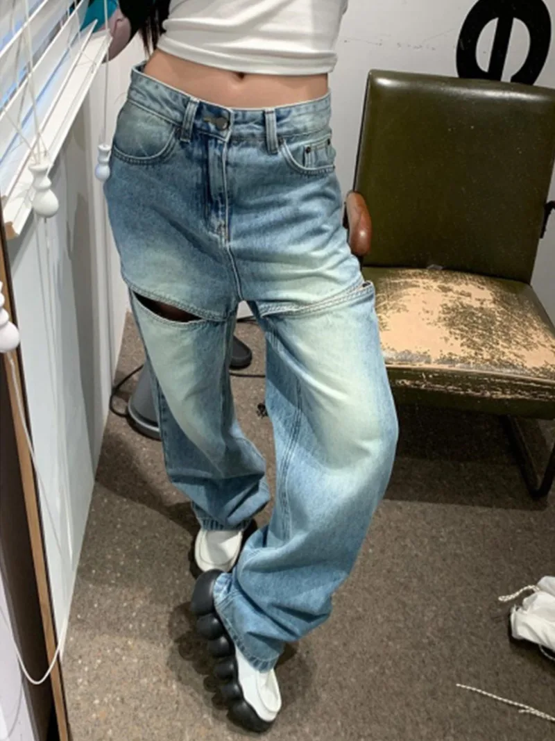 Jean en Denim à Jambes Larges avec Trous pour Fille, Pantalon Hip Hop Décontracté, Épissure Personnalisée, Esthétique des Années 90 et 2000, Nouvelle Collection Automne, Y2k