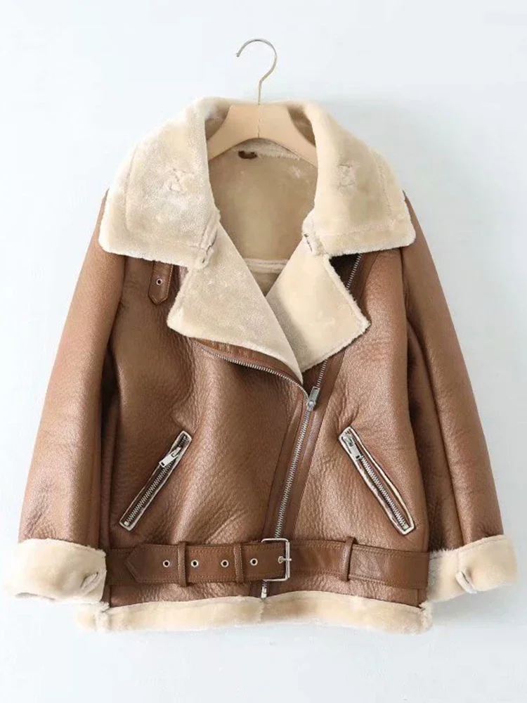 Traf Women Winter Warm Thick Windproof Motorcycle Coat with Belt Brown Suede Jacket Faux Lamb Leather Fashion Jacket Outwear