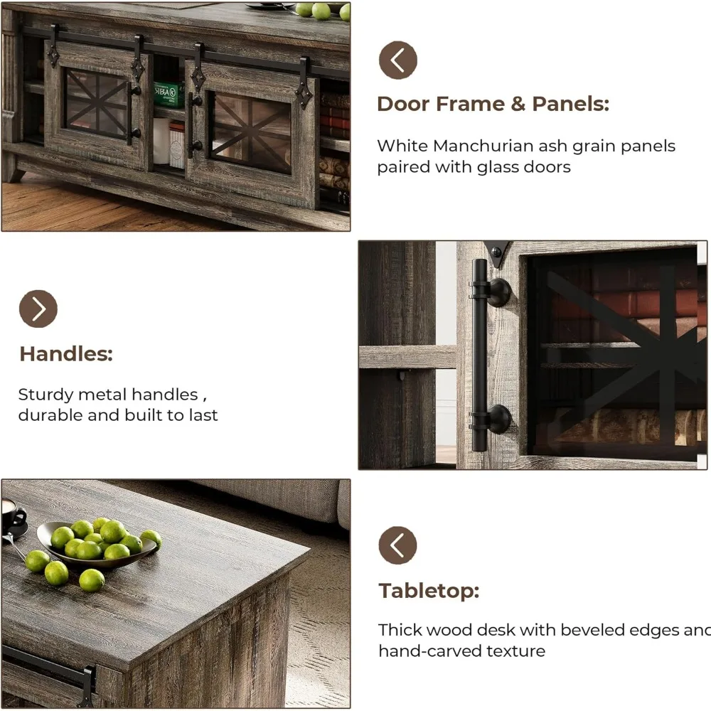 48'' Coffee Table with Sliding Barn Doors, Rustic Center Table with 6 Large Storage Space, Glass Doors and Adjustable Mid