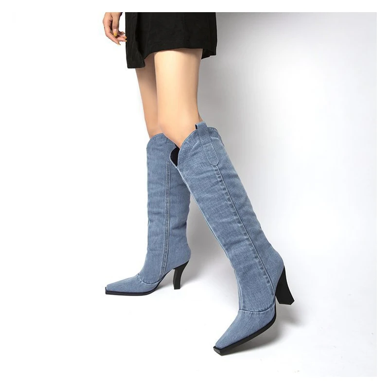 2025 stand-alone European and American thick-heeled western cowboy boots pointed but knee boots  size knight boots