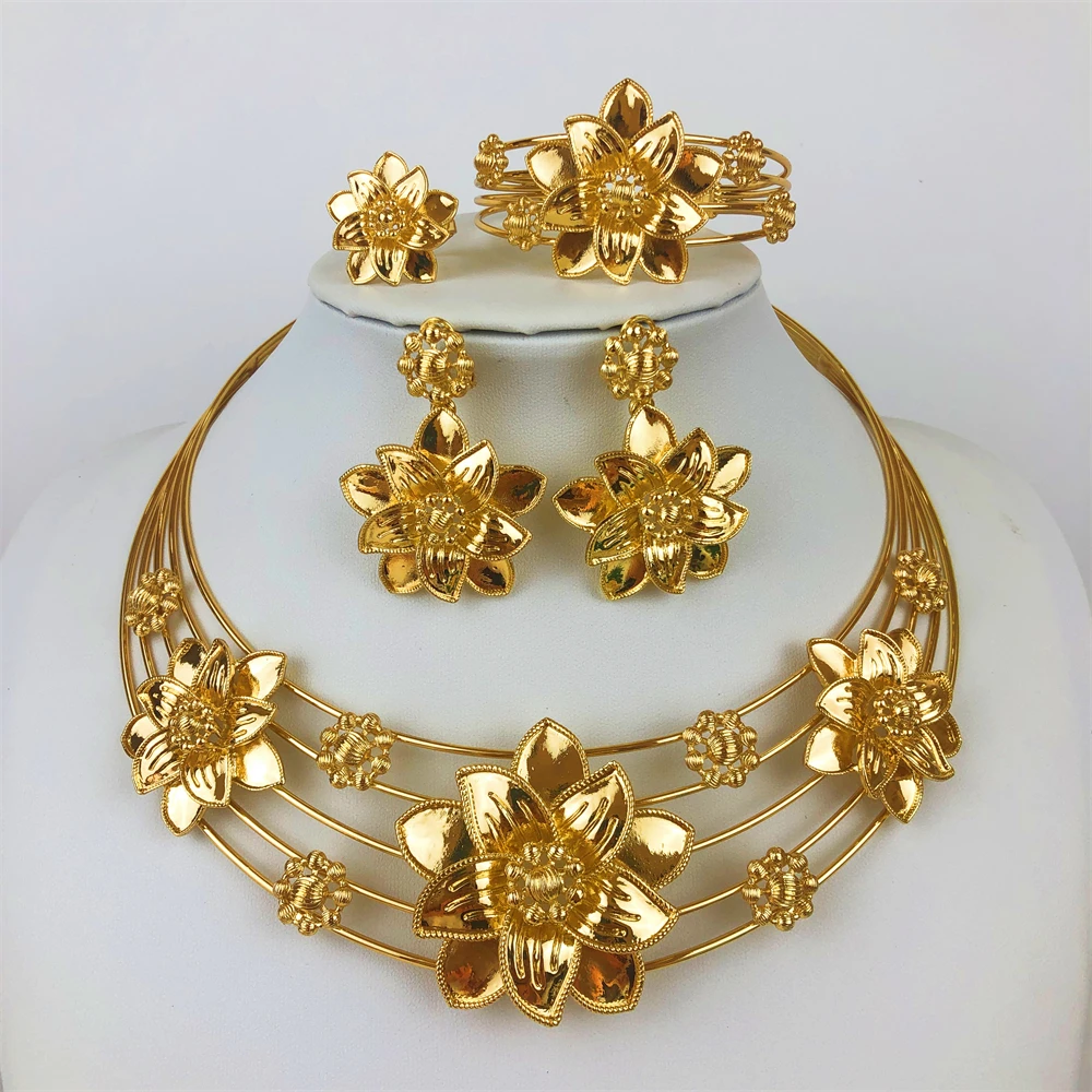 ESALE Dubai 18K Gold Plated Jewelry Set For Women Elegant Classic Flower Design Necklace Earrings Set Charm Bracelet And Ring