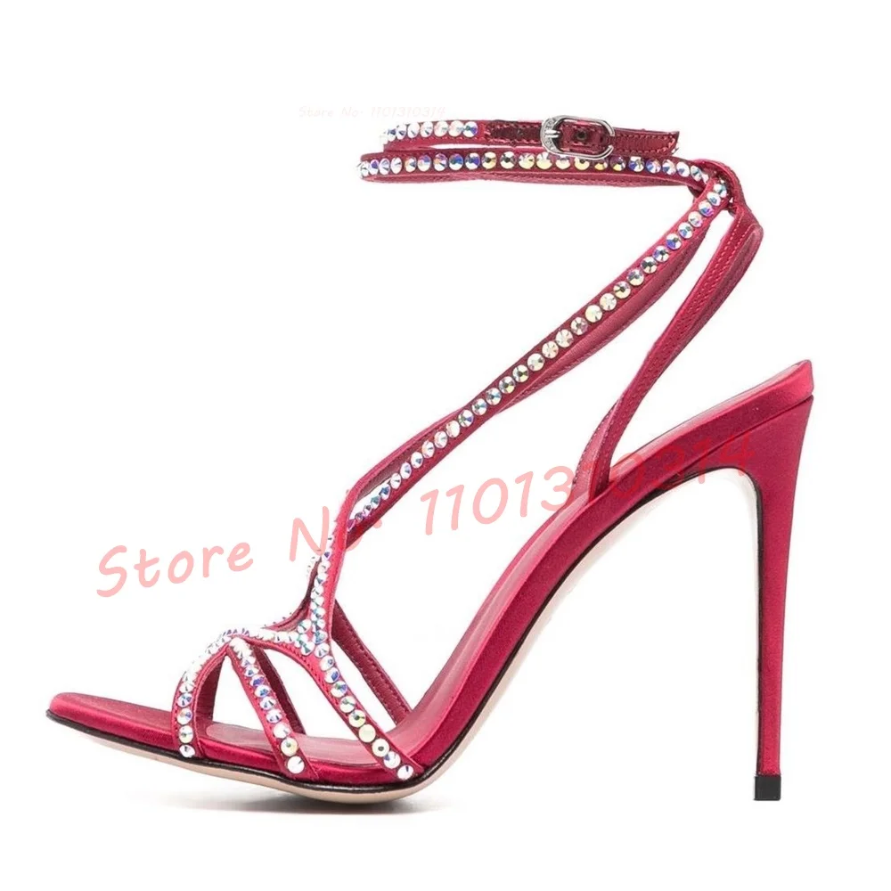 Purple Crystal Cross Heeled Sandals Women New In Luxury Shiny Leather High Heels Shoes Summer Lace-up Ladies Design 2023 Sandals