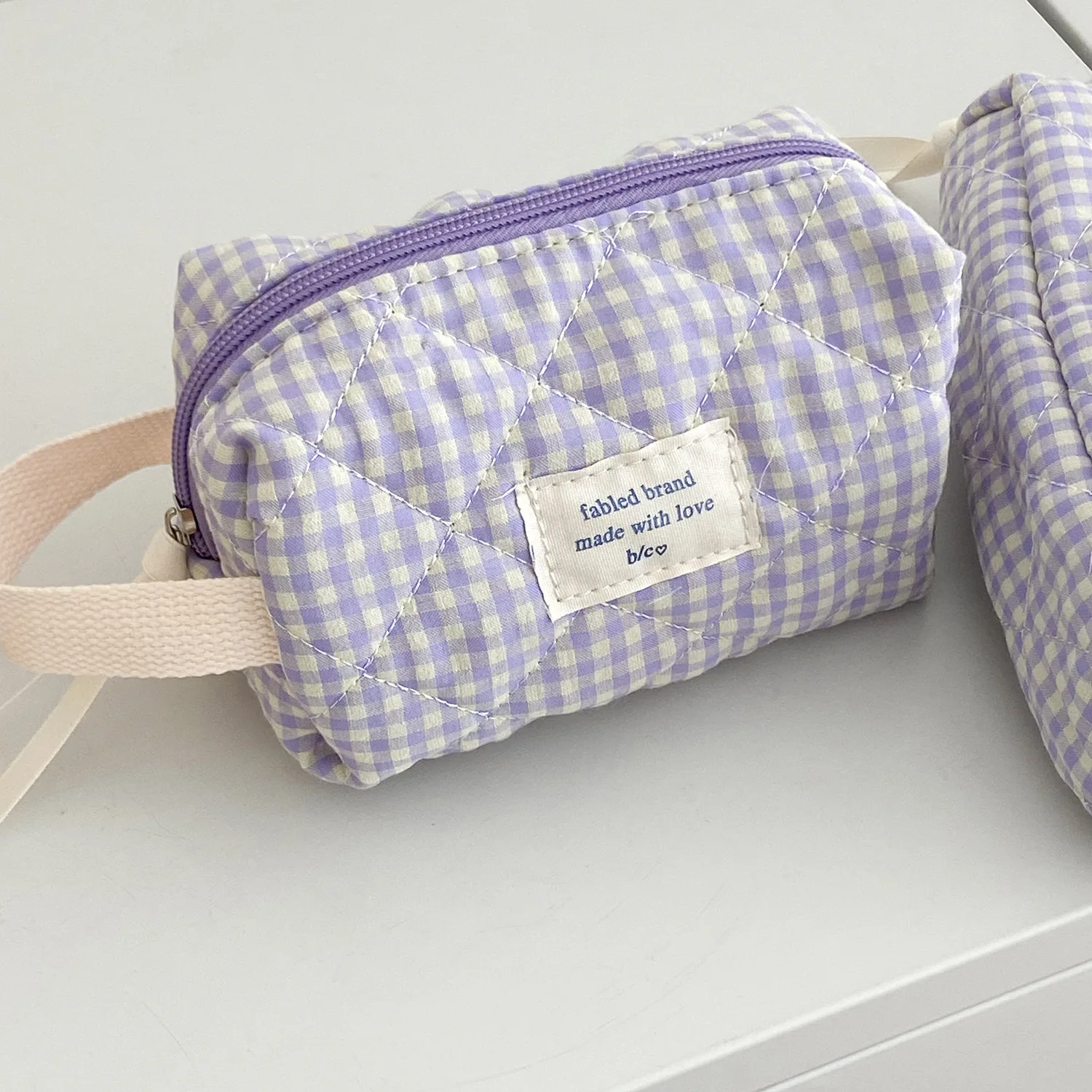 Simple Solid Color Plaid Women\'s Cosmetic Bag Fashion Sweet Soft Fabric Ladies Storage Bags Large Capacity Female Clutch Handbag