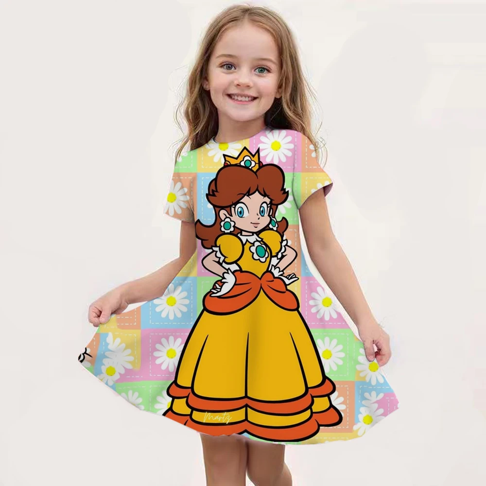 2024 year cute Peach Princess print  Dress Girls Cartoon Super Mario Games Dresses Princess Children\'s Party Clothes