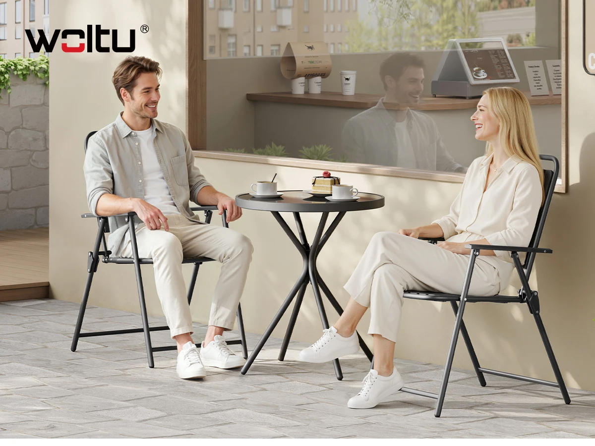WOLTU Balkonmöbel-Set, runder Outdoor-Tisch mit 2 Klappstühlen, Metallrahmen, wetterfeste Outdoor-Sitzgelegenheit für Balkon, Terrasse, Garten. – Detail 18