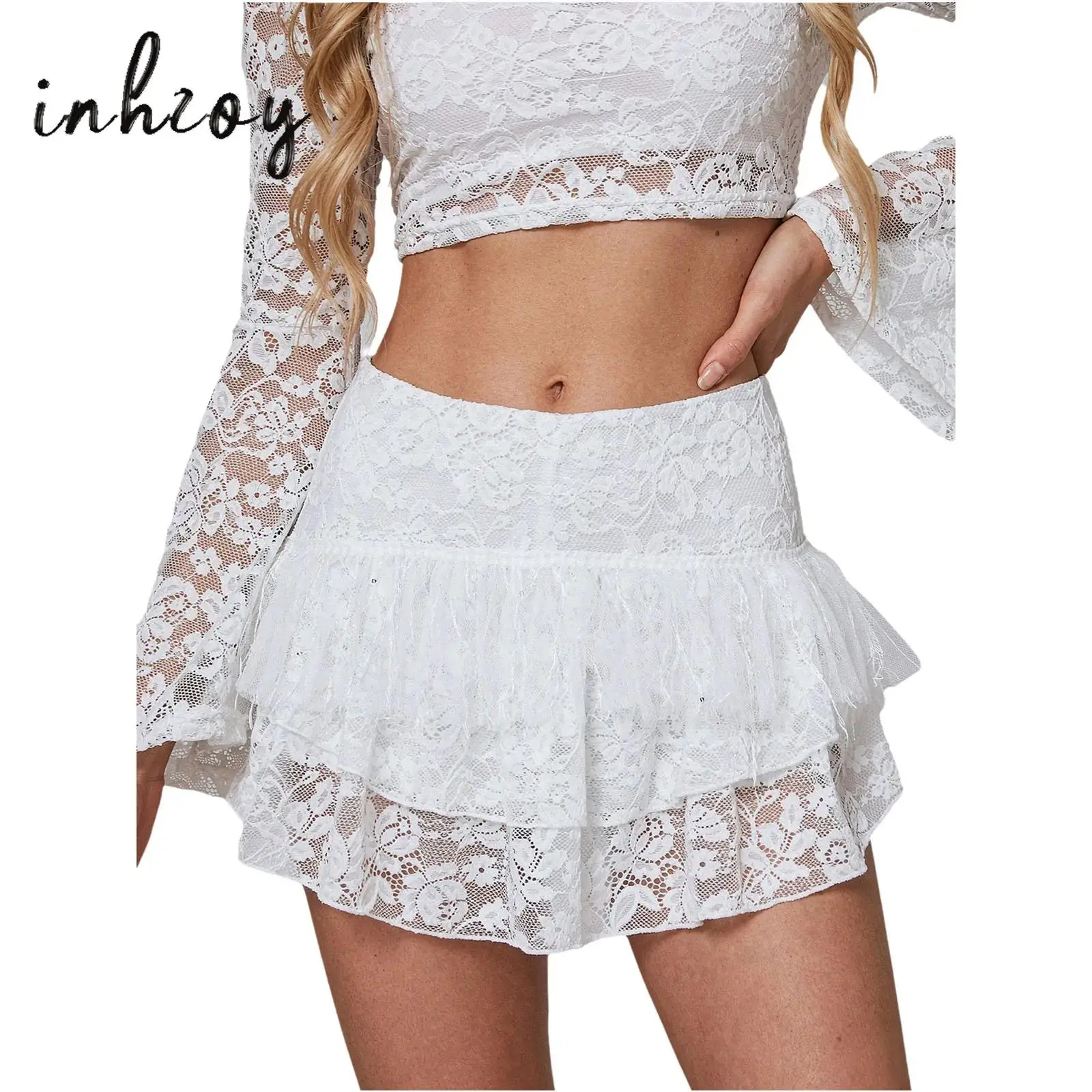 Women Ruffled Culottes Y2k Skirt Tiered Lace Mesh Layer Fuzzy Tassel Elastic Waistband Miniskirt with Built-in Shorts for Party
