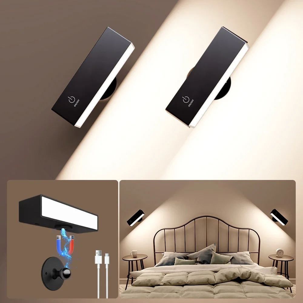 Modern Rechargeable Wall Sconces Battery Operated Wall Mount Bedside Lamp USB Charge Removable 360° Rotate Magnetic Wall Lights