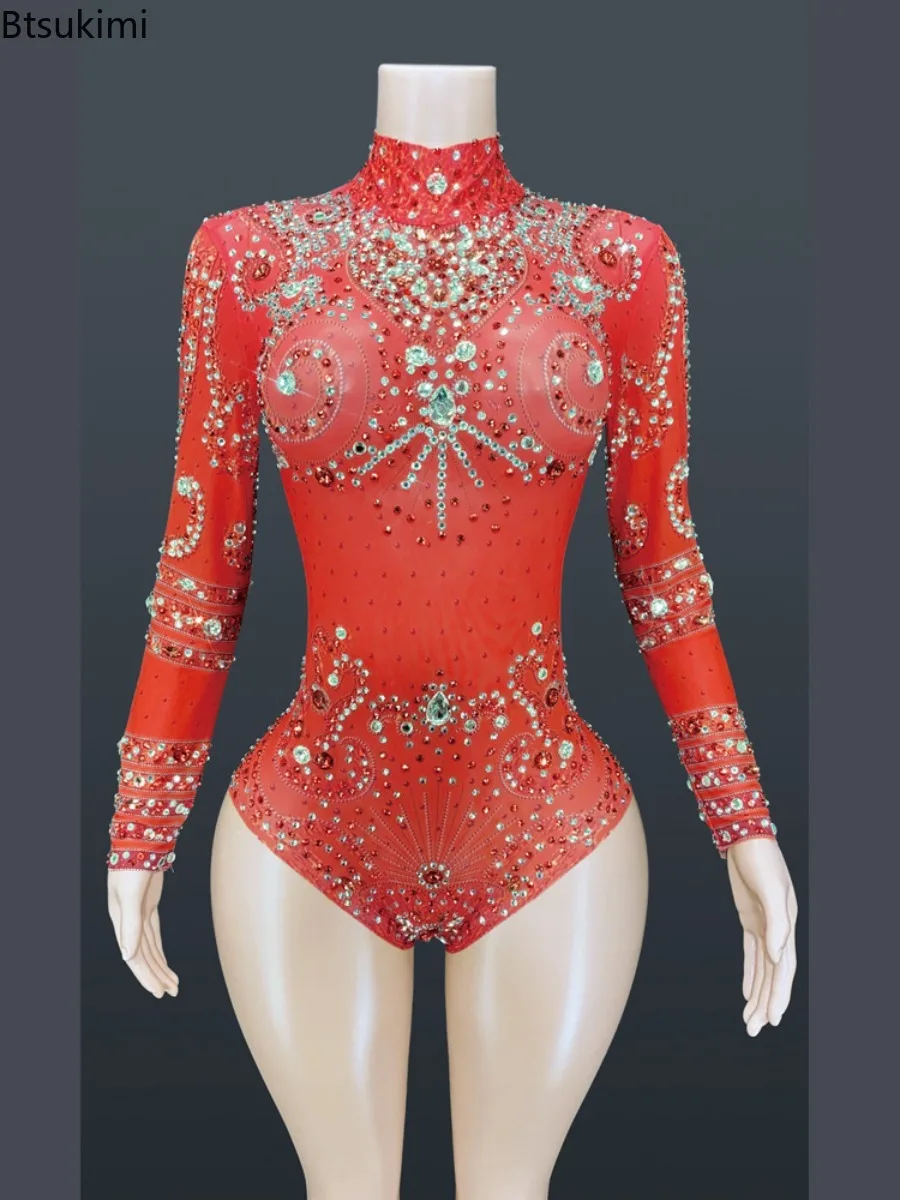 Sparkly Crystals Long Sleeve Mesh Transparent Bodysuit Sexy Dance Costume Birthday Party Night Outfit Women Leotard Stage Wear